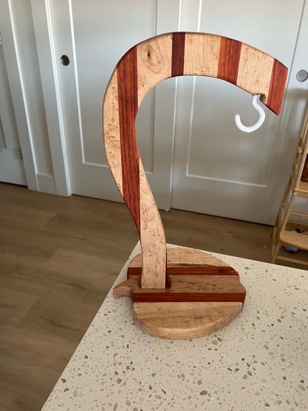 Two-Tone Wood Banana Stand in Birdseye Maple and Reddish Wood, Apple Shaped Base